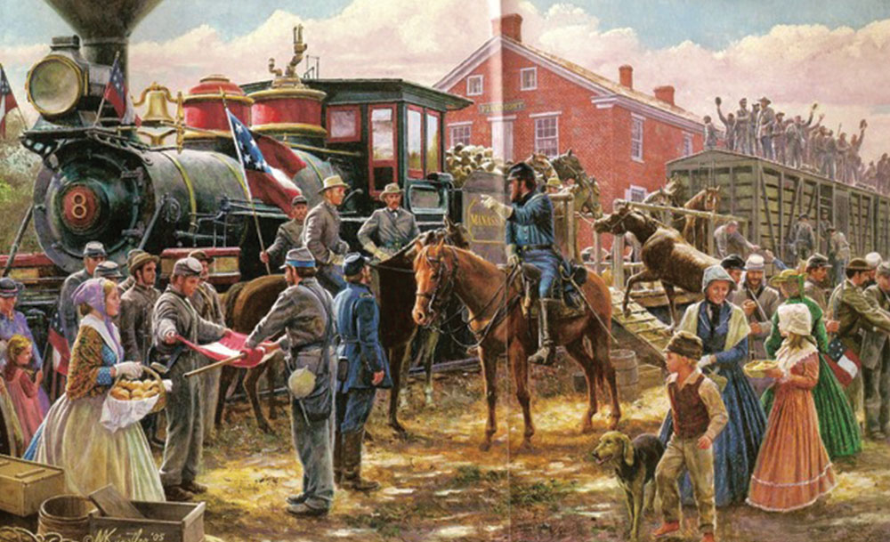 The celebratory scene in Germantown was much the same as in this painting. The men of the newly-organized 4th Tenn Infantry, CSA, boarded the train at Germantown station to head to training camp.