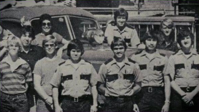 Student Volunteers with Red Devil #1 L. to R.  Edgar Babian (in truck), unknown, Howard (Jelly) Thompson, Beverly Hollingsworth, John Selberg, Greg Dwight, Scott Shelby, John O’Bryan, Mike Stockstead, Jay Hollingsworth, Adrian M.