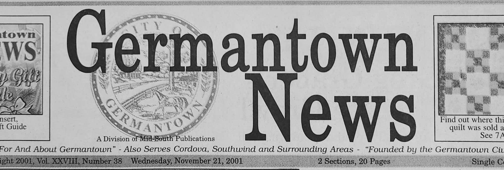 Masthead of Germantown Newspaper- November 21, 2001