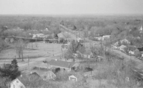 View West  Depot in upper center,  Baptist Church steeple on right, Post Office lower center,  Germantown Road running left to right through Old Germantown District